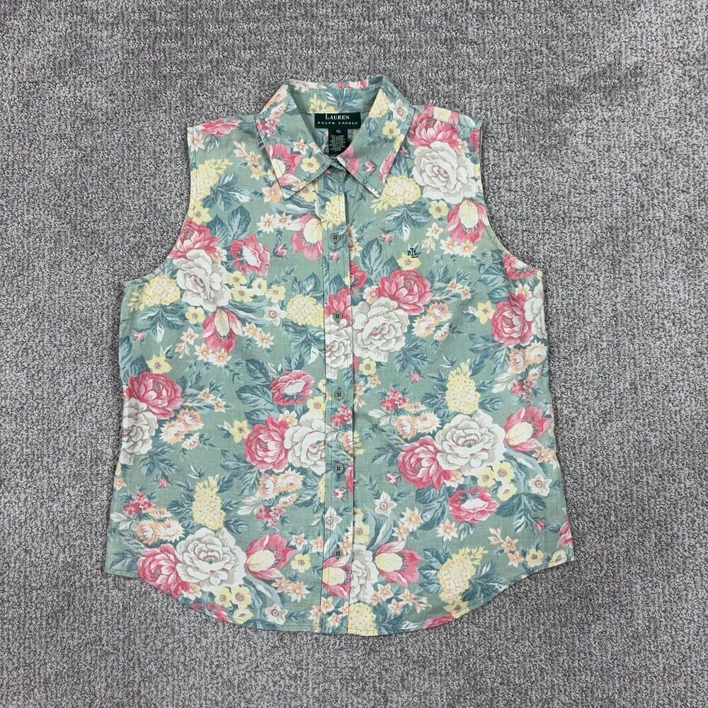 Lauren Ralph Lauren Shirt Womens 10 Floral Linen Sleeveless Button Summer Top